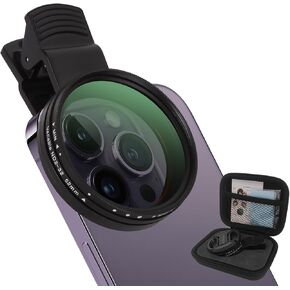 52MM Clip-on Variable ND2-32(1-5 Stops) Phone Lens Filter Kit, Ultra Slim Multi-Coated Adjustable Neutral Density Filter, Compatible for iPhone 16 15 14 13, Google Pixel and Other Smart Phones