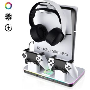 PS5/Pro/Slim Stand and Cooling Station with Dual Controller Charger for Playsation 5 Disc&Digital Consoles, RGB Light, Cooling Fan, Headset Holder PS5 Accessories 3 USB Hub(1x3.0 & 2x2.0)