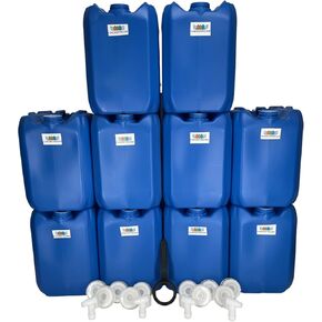 5 Gallon Stackable Emergency Water Storage Container | Beverage Dispenser | Carboy | Jerrican | 70MM Cap with 3/4" punchout for Spigot | 10 Pack | 4 Spigots | 1 Cap Wrench | 50 Gallon Capacity in Kuwait