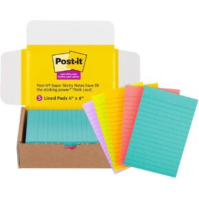 ملاحظات مبطنة فائقة الالتصاق من Post-it، 5 وسادات ملاحظات لاصقة، 4 × 6 بوصة، اللوازم المدرسية، المنتجات المكتبية، ملاحظات لاصقة للأسطح الرأسية، الشاشات، الجدران والنوافذ، مجموعة Supernova Neons