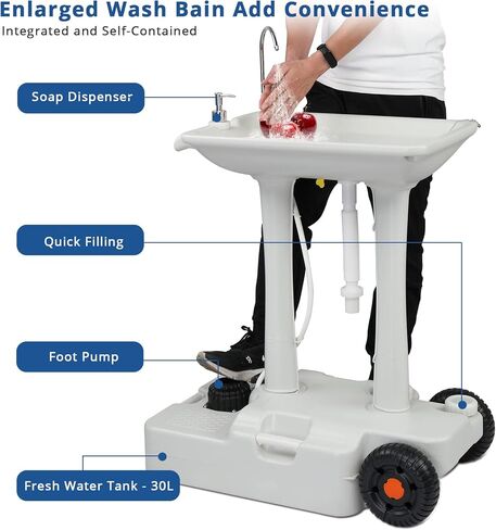 VINGLI 30L Upgraded Portable Sink| Rolling Hand Wash Basin Stand with Towel Holder & Soap Dispenser & Wheels, Perfect for Garden/Camping/Outdoor Events/Gatherings/Worksite/RV/Indoor, White in Saudi Arabia