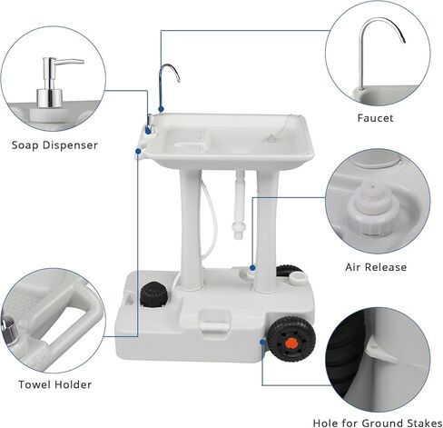 VINGLI 30L Upgraded Portable Sink| Rolling Hand Wash Basin Stand with Towel Holder & Soap Dispenser & Wheels, Perfect for Garden/Camping/Outdoor Events/Gatherings/Worksite/RV/Indoor, White in Saudi Arabia