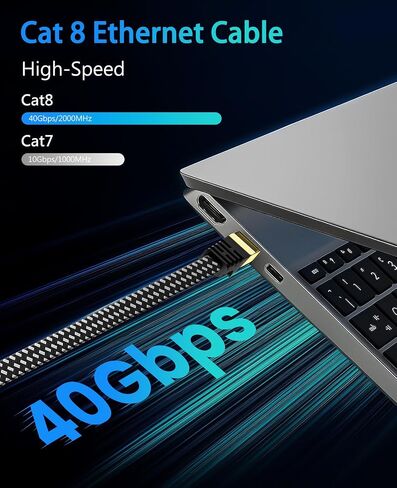 ARISKEEN Cat 8 Ethernet Cable 25 FT, 40Gbps 2000Mhz High Speed Braided Cat8 Network LAN Patch Cord, SSTP Heavy Duty Shielded Flat Internet Cable with Gold Plated RJ45 for Indoor Outdoor- 25 Feet in Kuwait