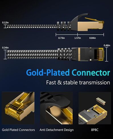 ARISKEEN Cat 8 Ethernet Cable 25 FT, 40Gbps 2000Mhz High Speed Braided Cat8 Network LAN Patch Cord, SSTP Heavy Duty Shielded Flat Internet Cable with Gold Plated RJ45 for Indoor Outdoor- 25 Feet in Kuwait
