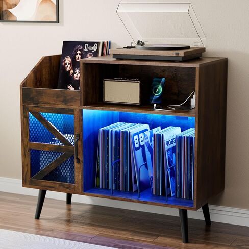 Large Black Record Player Stand with Magnetic Door,350 Vinyl Record Storage Cabinet, Record Player Table with Power Outlet & LED Light,Turntable Stand with Wood Legs for Living Room,Office in Saudi Arabia