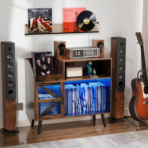 Large Black Record Player Stand with Magnetic Door,350 Vinyl Record Storage Cabinet, Record Player Table with Power Outlet & LED Light,Turntable Stand with Wood Legs for Living Room,Office in Saudi Arabia