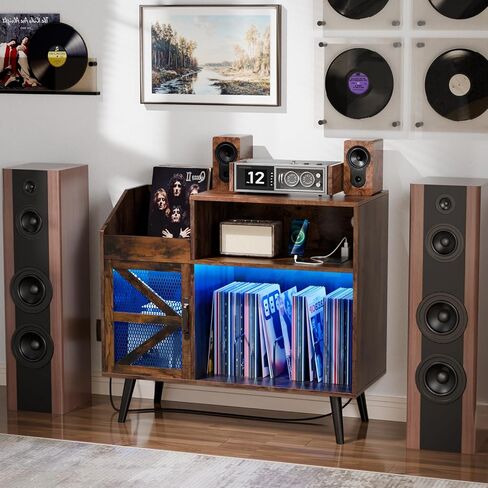 Large Black Record Player Stand with Magnetic Door,350 Vinyl Record Storage Cabinet, Record Player Table with Power Outlet & LED Light,Turntable Stand with Wood Legs for Living Room,Office in Saudi Arabia