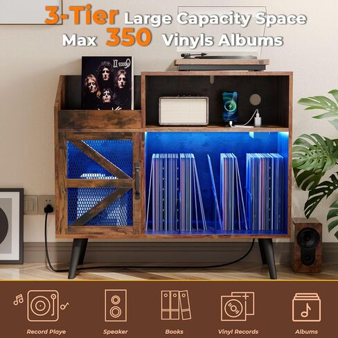 Large Black Record Player Stand with Magnetic Door,350 Vinyl Record Storage Cabinet, Record Player Table with Power Outlet & LED Light,Turntable Stand with Wood Legs for Living Room,Office in Saudi Arabia
