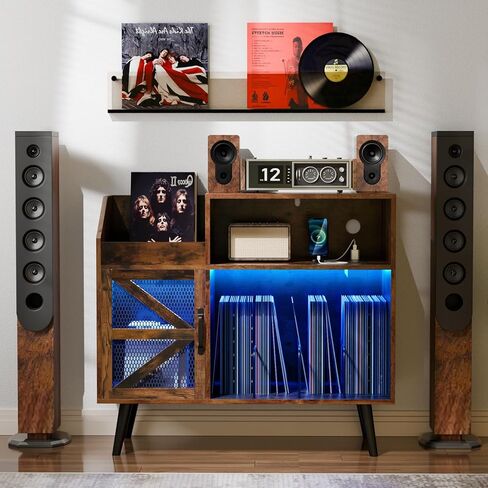 Large Black Record Player Stand with Magnetic Door,350 Vinyl Record Storage Cabinet, Record Player Table with Power Outlet & LED Light,Turntable Stand with Wood Legs for Living Room,Office in Saudi Arabia