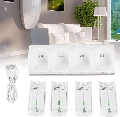 White 4 in 1 شاحن محطة شحن مع بطارية 4pcs 2800mAh ، مؤشر LED سهل الاستخدام للمواد البلاستيكية التصميم (2800mAh) in Kuwait
