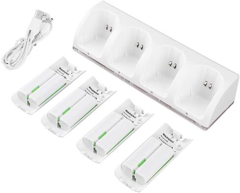 White 4 in 1 شاحن محطة شحن مع بطارية 4pcs 2800mAh ، مؤشر LED سهل الاستخدام للمواد البلاستيكية التصميم (2800mAh) in Kuwait