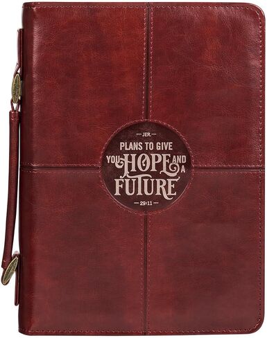 Christian Art Gifts Protective Chestnut Brown Faux Leather Classic Bible Cover Carry Case for Men and Grads: Hope and a Future - Jeremiah 29:11 Inspirational Bible Verse with Zipper and Pocket, Medium in Saudi Arabia