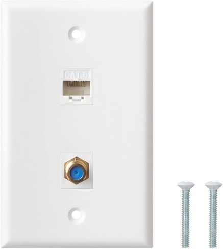 لوحة الحائط Coax Ethernet - Cat6 F نوع الحائط ، 1 Port Cat6 Keystone و 1 Port F Type Coax Coax Keystone - White in Saudi Arabia