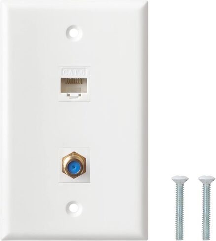 لوحة الحائط Coax Ethernet - Cat6 F نوع الحائط ، 1 Port Cat6 Keystone و 1 Port F Type Coax Coax Keystone - White in Saudi Arabia