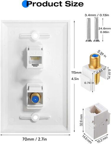 لوحة الحائط Coax Ethernet - Cat6 F نوع الحائط ، 1 Port Cat6 Keystone و 1 Port F Type Coax Coax Keystone - White in Saudi Arabia