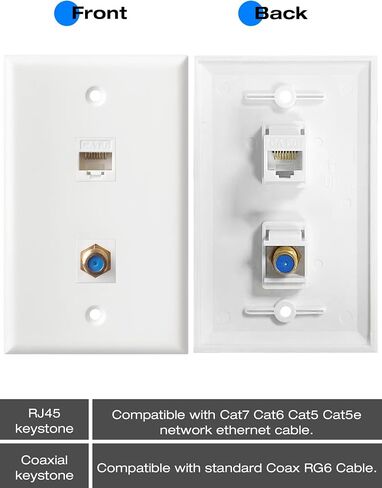 لوحة الحائط Coax Ethernet - Cat6 F نوع الحائط ، 1 Port Cat6 Keystone و 1 Port F Type Coax Coax Keystone - White in Saudi Arabia