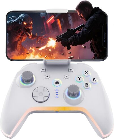 BCOFO Wireless Mobile Game Controller لنظام iOS/iPhone/Android/الهاتف الخلوي/التبديل/الكمبيوتر المحمول ، ألعاب ألعاب مع مقطع الهاتف للاعبين ، مشغلات تأثير القاعة ، التحكم في الكمبيوتر الشخصي ، مع إضاءة/اهتزاز RGB/6 محور Gyro/Turbo (أبيض) in Kuwait