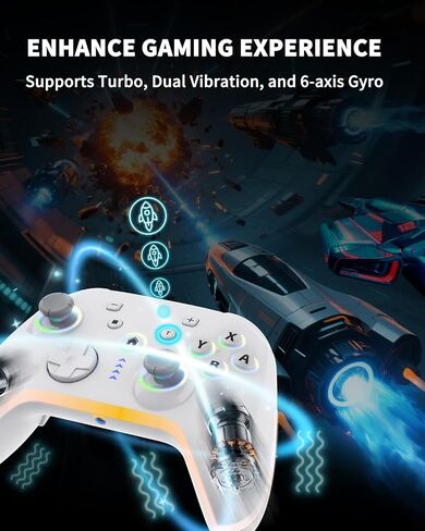 BCOFO Wireless Mobile Game Controller لنظام iOS/iPhone/Android/الهاتف الخلوي/التبديل/الكمبيوتر المحمول ، ألعاب ألعاب مع مقطع الهاتف للاعبين ، مشغلات تأثير القاعة ، التحكم في الكمبيوتر الشخصي ، مع إضاءة/اهتزاز RGB/6 محور Gyro/Turbo (أبيض) in Kuwait