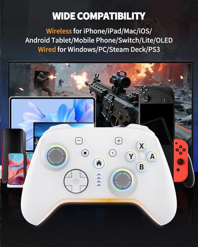 BCOFO Wireless Mobile Game Controller لنظام iOS/iPhone/Android/الهاتف الخلوي/التبديل/الكمبيوتر المحمول ، ألعاب ألعاب مع مقطع الهاتف للاعبين ، مشغلات تأثير القاعة ، التحكم في الكمبيوتر الشخصي ، مع إضاءة/اهتزاز RGB/6 محور Gyro/Turbo (أبيض) in Kuwait