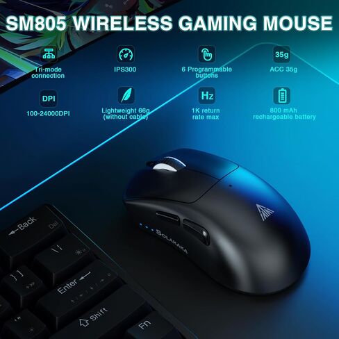 MOUSE MOUSE اللاسلكي SM805 خفيفة الوزن ، 24000 نقطة في البوصة ، اتصالات TRI ، BT5.0/TYPE-C WIRED/2.4G ألعاب ماوس لاسلكية مع زري جانبيين ، الماوس المخصص للقبضة الهندسية للاعب ، الأسود in Kuwait