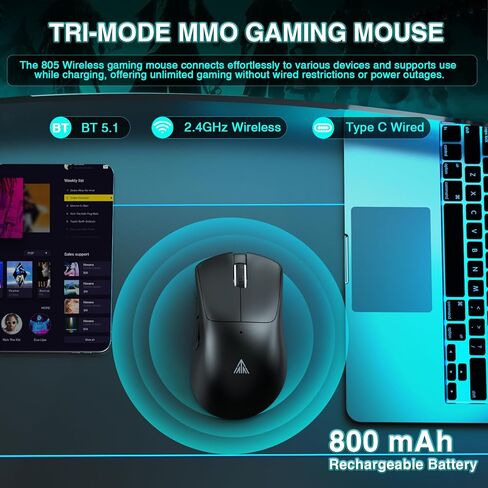 MOUSE MOUSE اللاسلكي SM805 خفيفة الوزن ، 24000 نقطة في البوصة ، اتصالات TRI ، BT5.0/TYPE-C WIRED/2.4G ألعاب ماوس لاسلكية مع زري جانبيين ، الماوس المخصص للقبضة الهندسية للاعب ، الأسود in Kuwait
