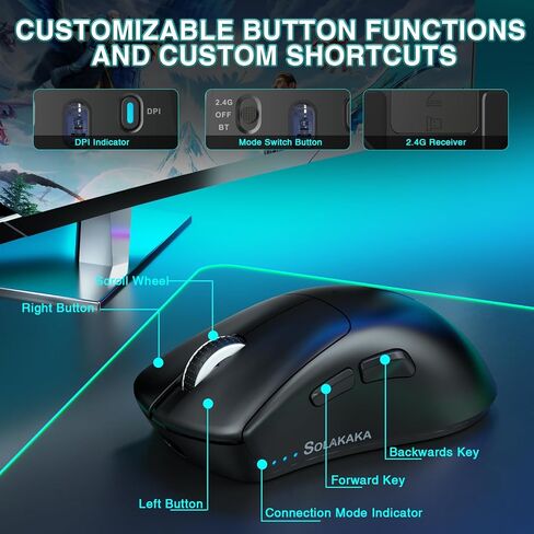 MOUSE MOUSE اللاسلكي SM805 خفيفة الوزن ، 24000 نقطة في البوصة ، اتصالات TRI ، BT5.0/TYPE-C WIRED/2.4G ألعاب ماوس لاسلكية مع زري جانبيين ، الماوس المخصص للقبضة الهندسية للاعب ، الأسود in Kuwait