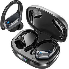 Catitru Wireless Earbuds Bluetooth Headphones 80H Playback Ear Buds Power Display with Noise Canceling Mic with Earhooks for Sports/Workout - Black