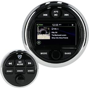 Rockville RGHR48A Marine Radio Gauge Hole Receiver w/ 4 Zones, 72W x4 Amplifier, 3" Color Display, Bluetooth, USB, Wired Remote, App Control, Waterproof, Perfect for Boats & Powersports