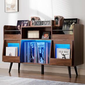 XL Record Player Stand with Sliding Door,500 Vinyl Record Storage Cabinet, Record Player Table with Power Outlet & LED Light,Turntable Stand with Wood Legs for Living Room,Office