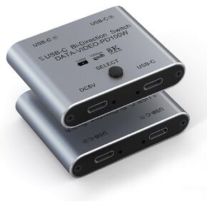 8K USB C Splitter USB C Switcher for 2 Computers - Bi Directional 2 in 1 Out USBC Switch 8K@60Hz 4K@144Hz for Video Transfer + 100W Charging + 10Gbps Data, with Power Cable