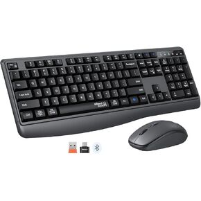 Wireless Keyboard and Mouse Combo, 2.4G/Bluetooth Silent Full-Size Cordless Keyboard Mouse Combo, 3800 DPI Optical Mouse, Wrist Rest, Portable Keyboard Mouse Set for Mac, Windows, Laptop