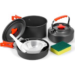 8pcs Camping Cookware Camping Pots and Pans Set with Kettle Plastic Bowls and Soup Spoon for Camping, Backpacking, Outdoor Cooking and Picnic