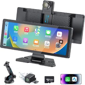 10.26" Portable Wireless Carplay Screen for Car, 4K HD Car Stereo Touch Screen with Apple CarPlay/Android Auto, 4K Dash Cam, 1080P Backup Camera, Mirror Link, Voice Control, Bluetooth, GPS, AUX/FM