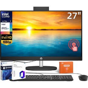 HP 27" FHD Touchscreen Business All-in-One Desktop Computer, with Lifetime Office Pro, Intel 12-core Ultra 7 155U (Beats i7-1355U), 64 GB DDR5 RAM, 4 TB SSD, Wired KB & Mouse, Wi-Fi 6, Windows 11 Pro