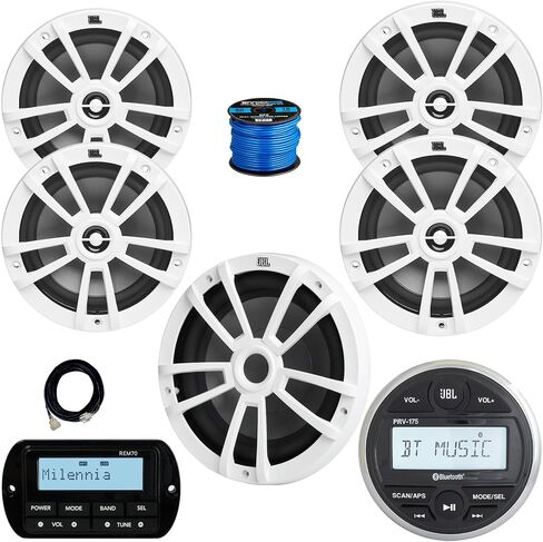 JBL PRV-175 Marine Gauge Hole Mount USB Bluetooth AM/FM Receiver, Remote, Extension Cable, Wire, 10" Subwoofer, 2x 8" 375W Max Multi-Element Speakers, 2x 6.5" 180W Boat Audio Speakers (White) in Saudi Arabia