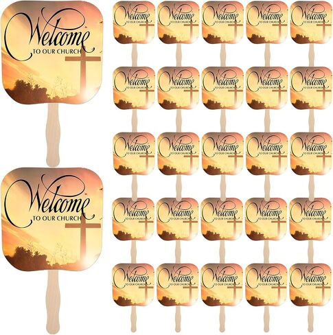 Yousoontic Church Fans Handheld Set of 50 Welcome to Our Church Fans Christian Paper Fan with Wooden Handle Church Handheld Fans Church Products for Church Services Church Visitor Gifts in Saudi Arabia