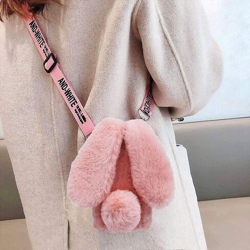 Rabbit Ear Case for Samsung Galaxy A16 5G,Crossbody Strap Case Fuzzy Fluffy Cute Girls Kids Plush Ball Bunny Fur Case Soft Bumper Protective Cover,Pink in Kuwait