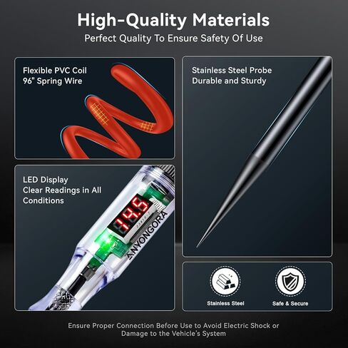 ضوء اختبار السيارات مع شاشة رقمية LED 3-48 فولت، جهاز اختبار دائرة السيارات مع الفولتميتر وضوء مؤشر قطبية مزدوج اللون، قلم اختبار الجهد مع مسبار غير قابل للصدأ in Kuwait