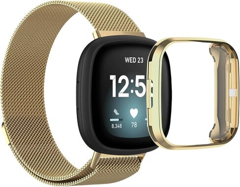 Compatible with Fitbit Versa 4 Band with Case, Metal Breathable Mesh Strap with Magnetic Clasp TPU Protective Bumper for Men Women in Saudi Arabia