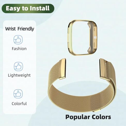 Compatible with Fitbit Versa 4 Band with Case, Metal Breathable Mesh Strap with Magnetic Clasp TPU Protective Bumper for Men Women in Saudi Arabia