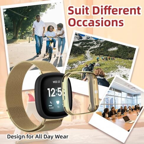 Compatible with Fitbit Versa 4 Band with Case, Metal Breathable Mesh Strap with Magnetic Clasp TPU Protective Bumper for Men Women in Saudi Arabia