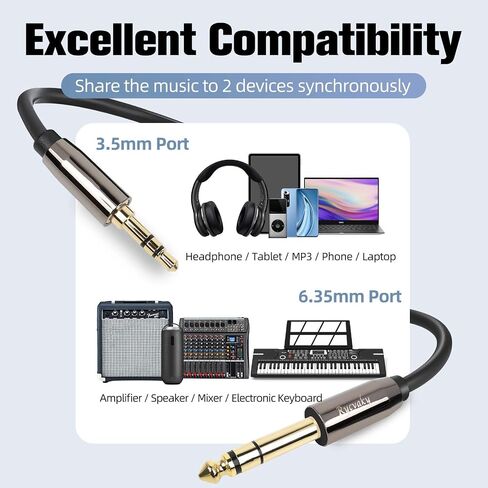 3.5mm to 6.35mm Aux Stereo Audio Extension Cable, 6.35 1/4" Male to 3.5 1/8" Male TRS Stereo Audio Cable for Guitar, Headphone, Home Theater Devices, Smartphones, Gold Plated Connectors(15ft/1pk) in Kuwait