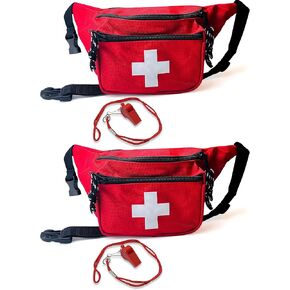 ASA TECHMED 2 Pack Lifeguard Fanny Pack With Whistle Lanyard - Baywatch Style First Aid Hip Pack w/Adjustable Strap, Cross Logo + Zipper Pouch, Emergency Equipment Set