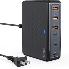 100W USB C Fast Charger, GaN III 6 Port PD+QC Multiport Charging Station Hub Block Cube, USB C Wall Charger Power Strip Adapter Plug for iPhone 16,15,14,13,12,11 Pro Max, Galaxy S25, S24-5ft Cord