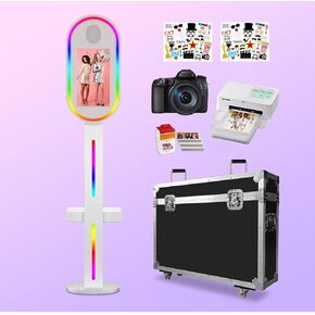 Mirror Photo Booth Machine Selfie 15.6in Touch Screen Mirror Photo Booth Machine with Flight Case,Instant Print APP Remote Control RGB Light for Party Events Wedding Rental (Black+Camera+Printer)