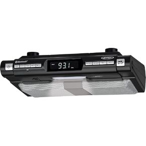 Jensen Modern SMPS-628 Black Series Under Cabinet Kitchen Universal Bluetooth Music System , Clock Radio LCD Digital Display , Built-in Hands-Free Microphone & Speakers (Renewed)