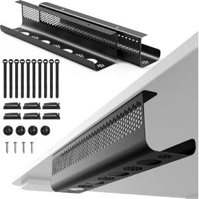 Cable Management Under Desk 26PCS - Cable Management Tray Kit Ventilated Hexagonal Design with Cable Clips, Wire Ties, Cord Holder & Screws for Office, Home - 2 Black Sets