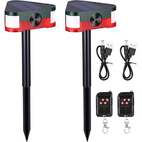 Qualirey 2 Pack 360 ° Motion Motion Sensor Solar Solar طارد في الهواء الطلق ، 4 الوضع 3 × 129DB لموجات فوق الصوتية صانع الضوضاء الصاخبة للرقابة مع USB عن بُعد لممر حديقة المنزل