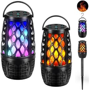 مكبرات صوت في الهواء الطلق ، مكبرات الصوت الملونة LED Flame ، مكبرات الصوت في الهواء الطلق اللاسلكية المقاومة للماء ، Bluetooth 5.3 ، صوت ستيريو ، مكبر صوت لاسلكي محمول مع حصة ، هوك للفناء/الفناء/الشرفة (2 عبوة)