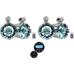 Rockville (4) WB65KLED 6.5" LED Marine Wakeboard Swivel Tower Speakers+Receiver